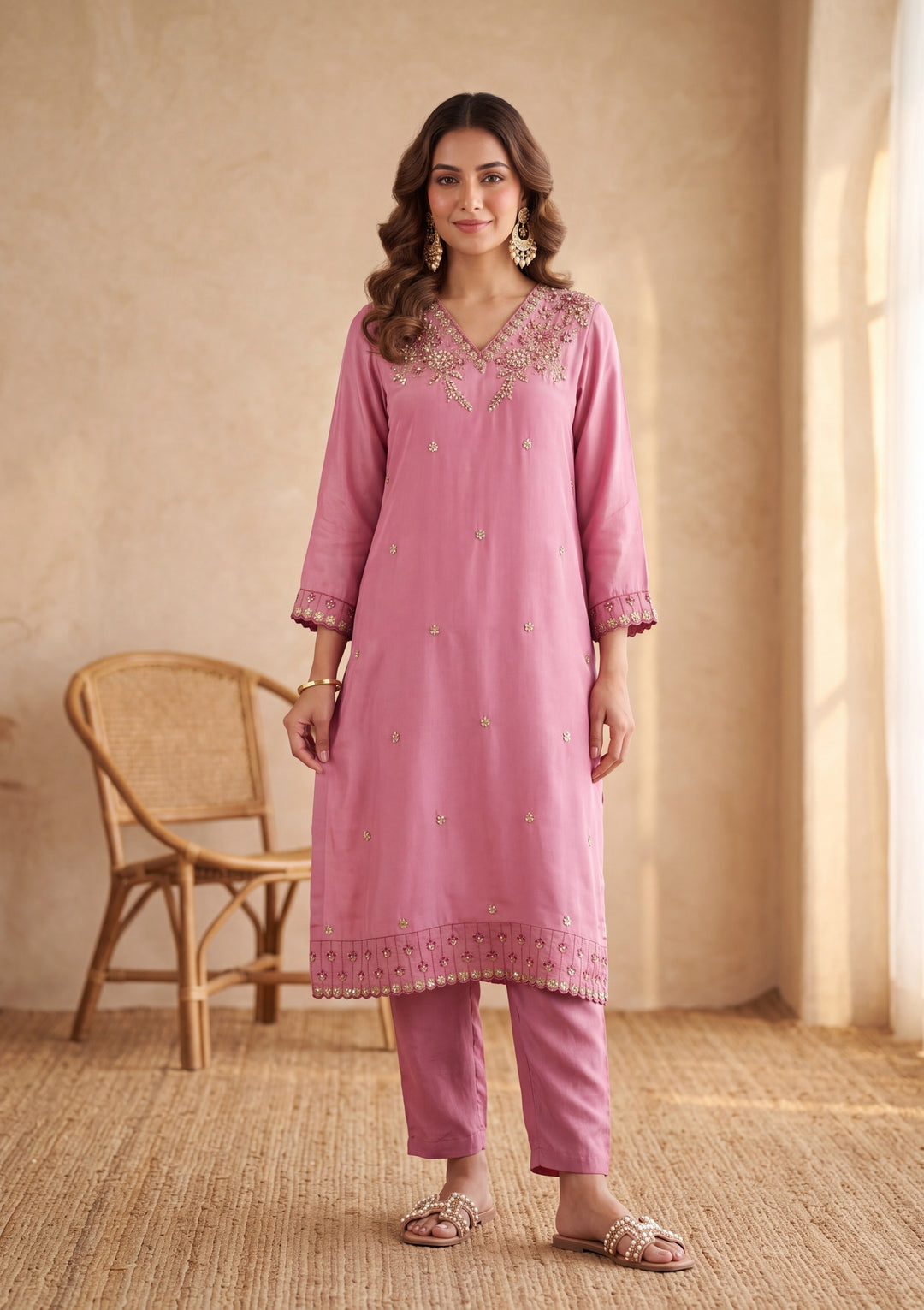 Onion Pink Threadwork Semi Crepe Readymade Salwar Suit