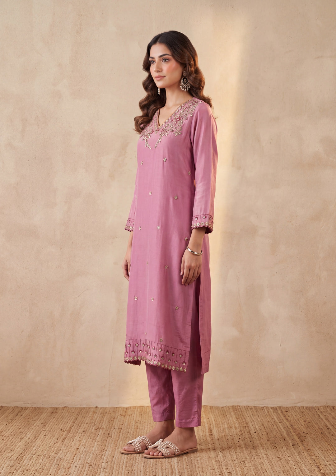 Onion Pink Threadwork Semi Crepe Readymade Salwar Suit