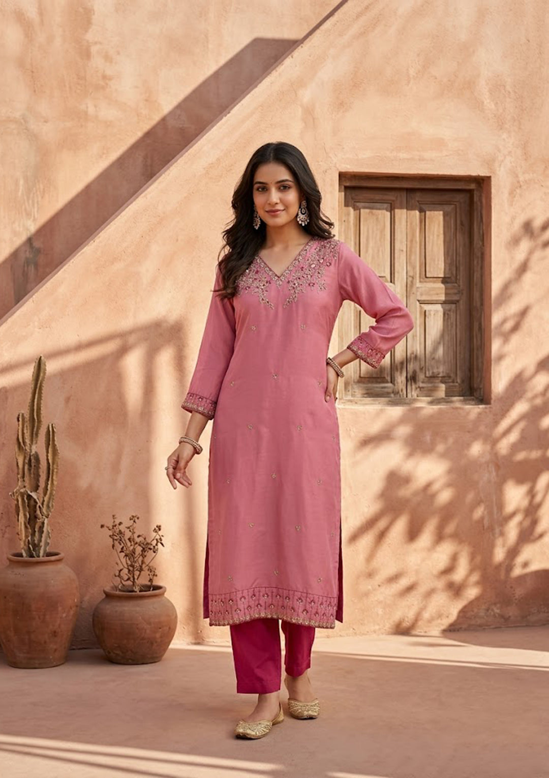 Onion Pink Threadwork Semi Crepe Readymade Salwar Suit