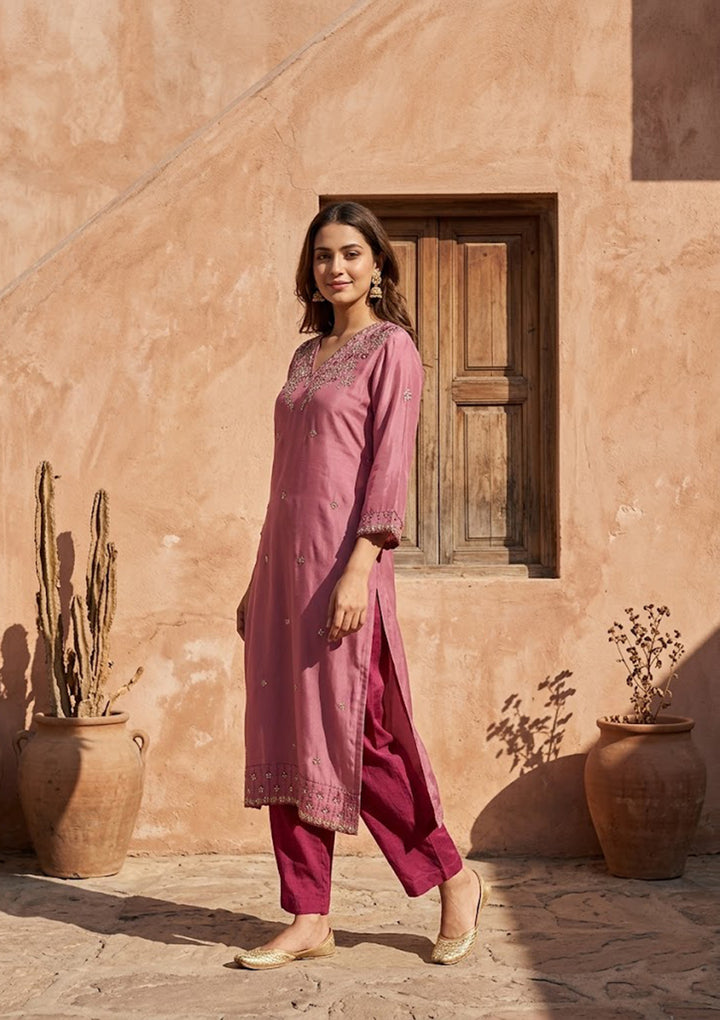 Onion Pink Threadwork Semi Crepe Readymade Salwar Suit