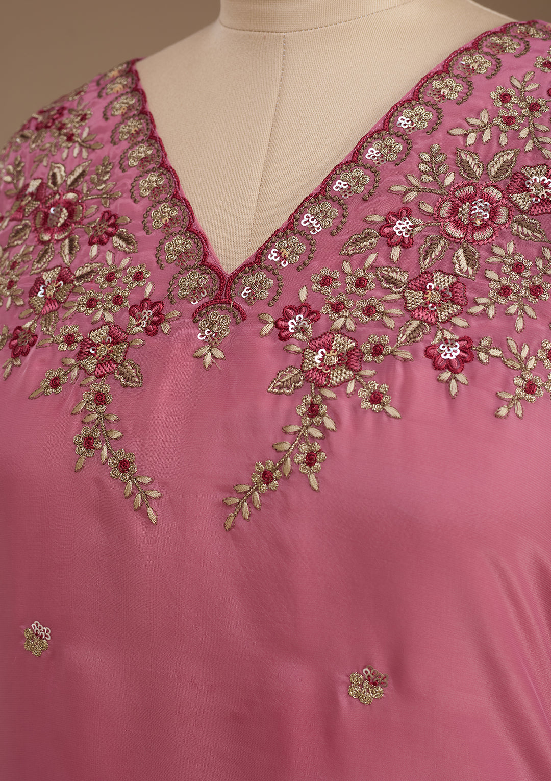 Onion Pink Threadwork Semi Crepe Readymade Salwar Suit