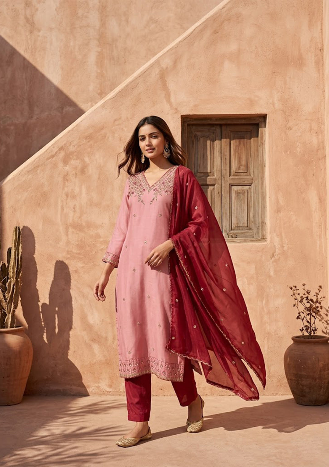 Onion Pink Threadwork Semi Crepe Readymade Salwar Suit
