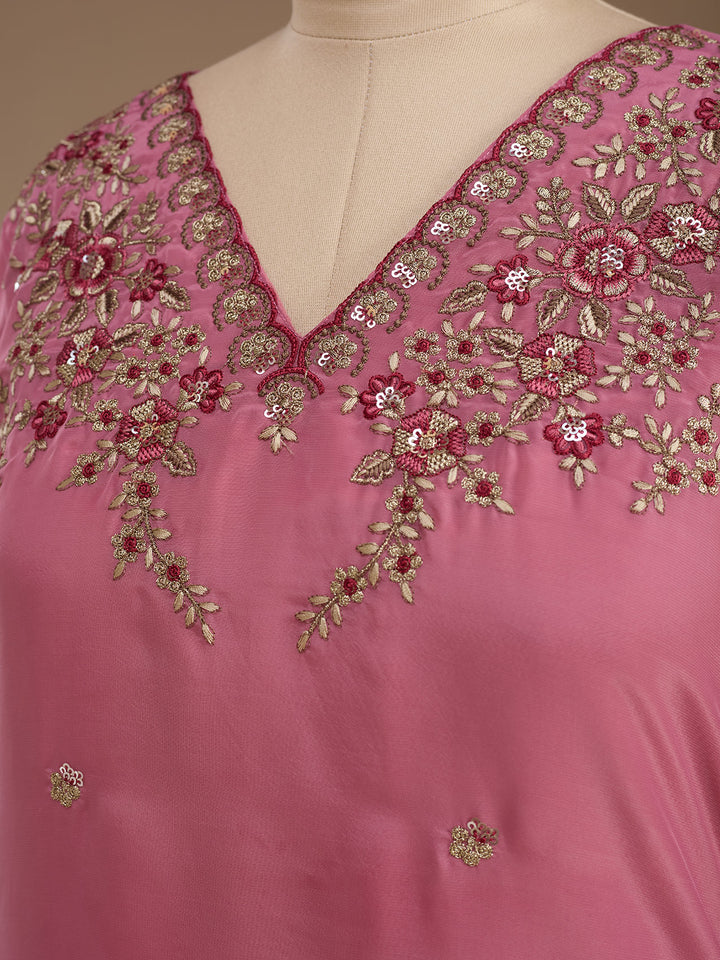 Onion Pink Threadwork Semi Crepe Readymade Salwar Suit