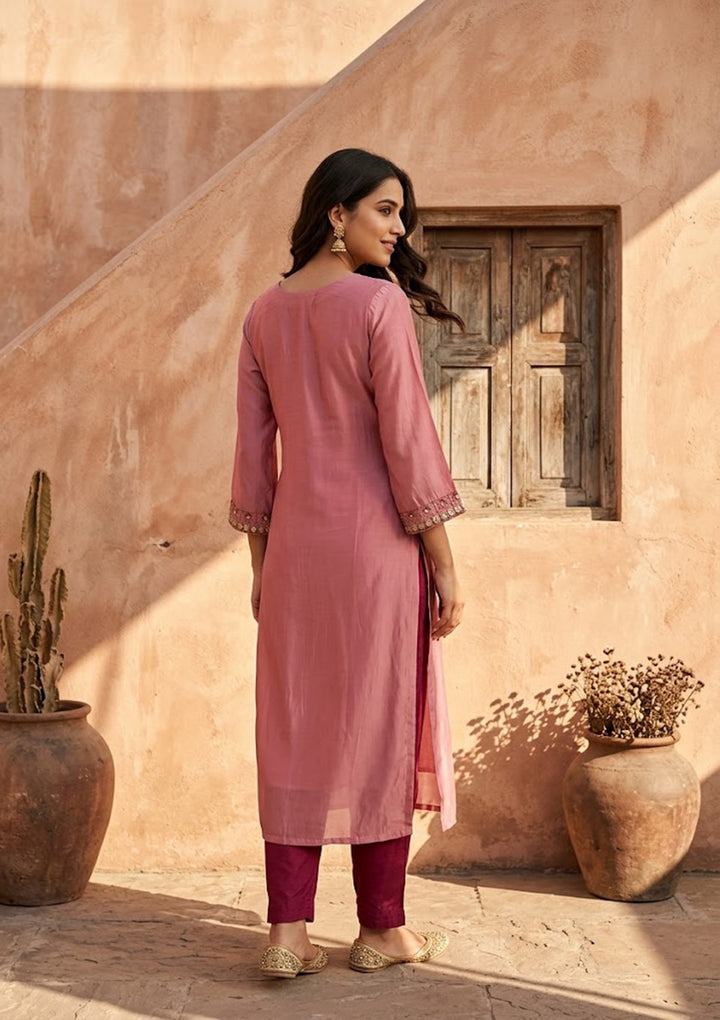Onion Pink Threadwork Semi Crepe Readymade Salwar Suit