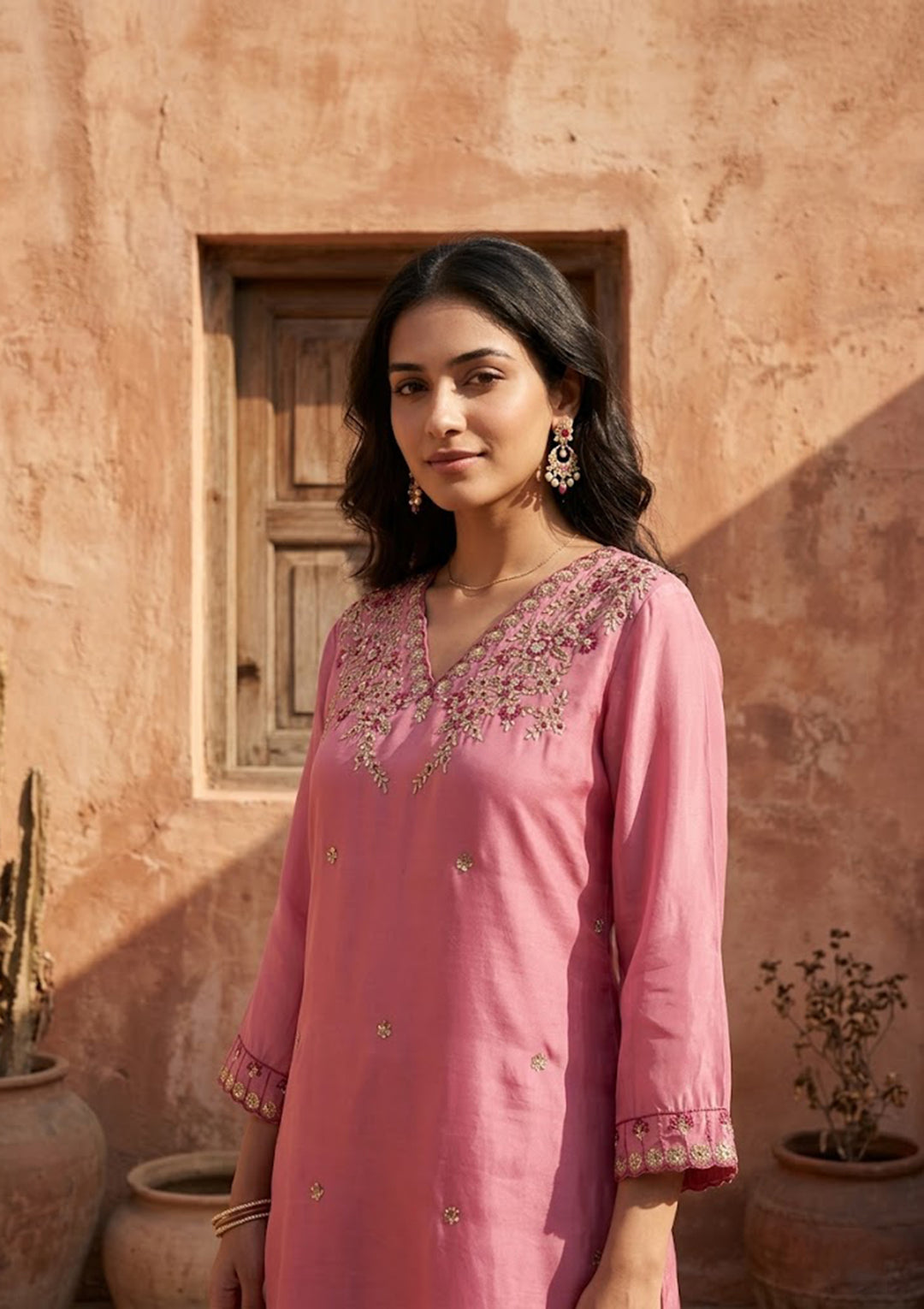 Onion Pink Threadwork Semi Crepe Readymade Salwar Suit