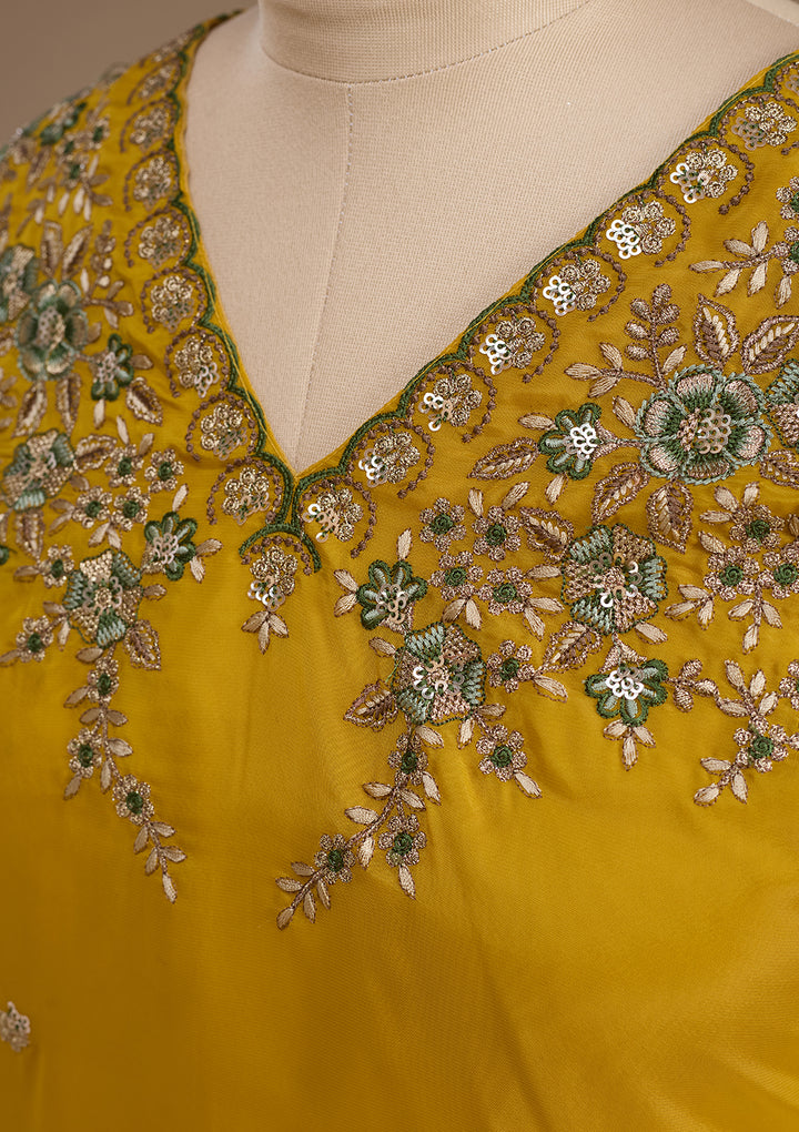Yellow Semi Crepe Threadwork Straight Kurta With Pant Regular And Dupatta
