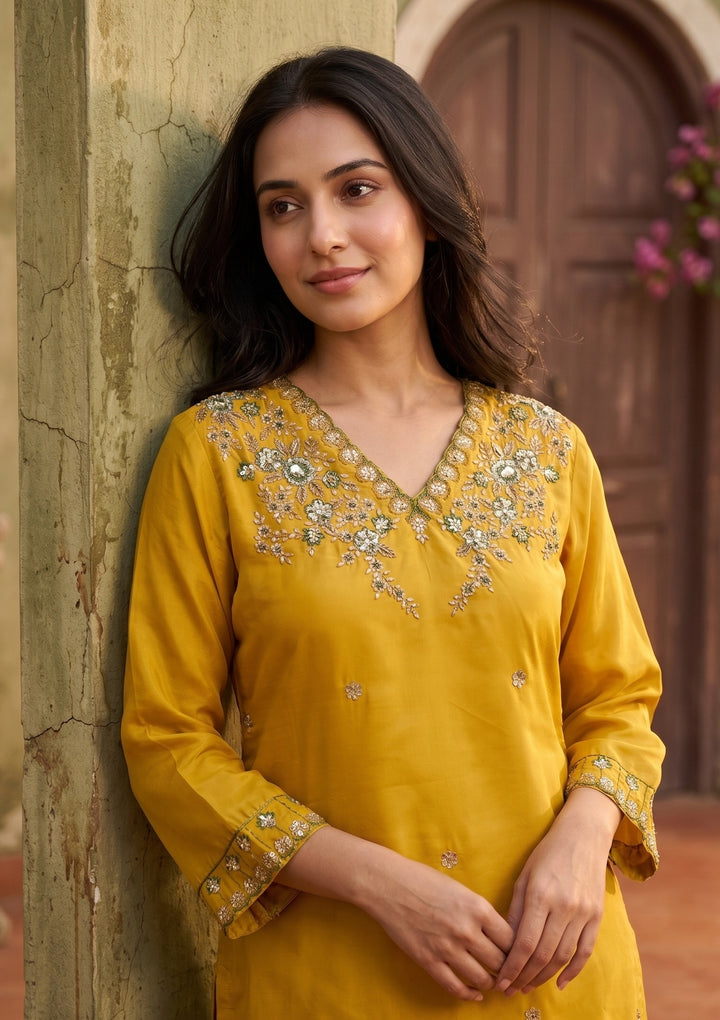 Yellow Semi Crepe Threadwork Straight Kurta With Pant Regular And Dupatta