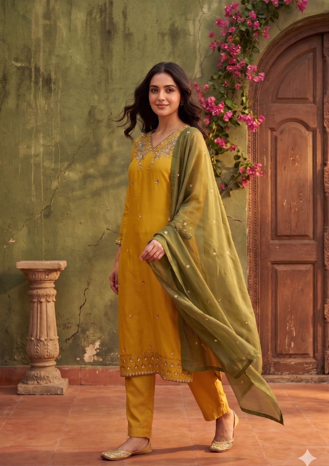 Yellow Semi Crepe Threadwork Straight Kurta With Pant Regular And Dupatta