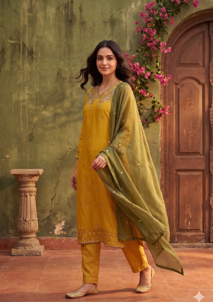 Yellow Semi Crepe Threadwork Straight Kurta With Pant Regular And Dupatta