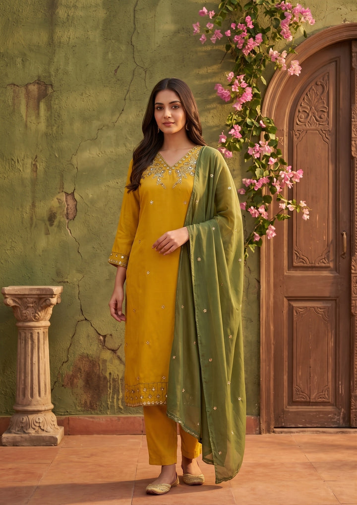 Yellow Semi Crepe Threadwork Straight Kurta With Pant Regular And Dupatta
