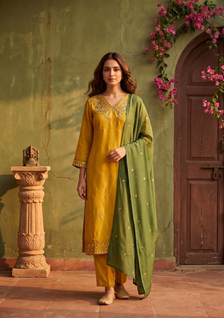 Yellow Semi Crepe Threadwork Straight Kurta With Pant Regular And Dupatta
