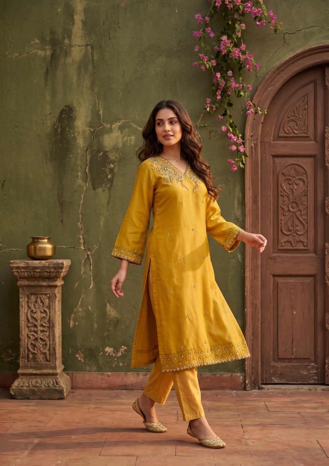 Yellow Semi Crepe Threadwork Straight Kurta With Pant Regular And Dupatta