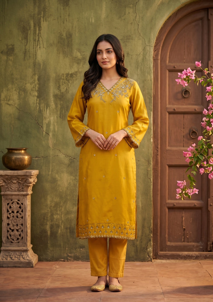 Yellow Semi Crepe Threadwork Straight Kurta With Pant Regular And Dupatta