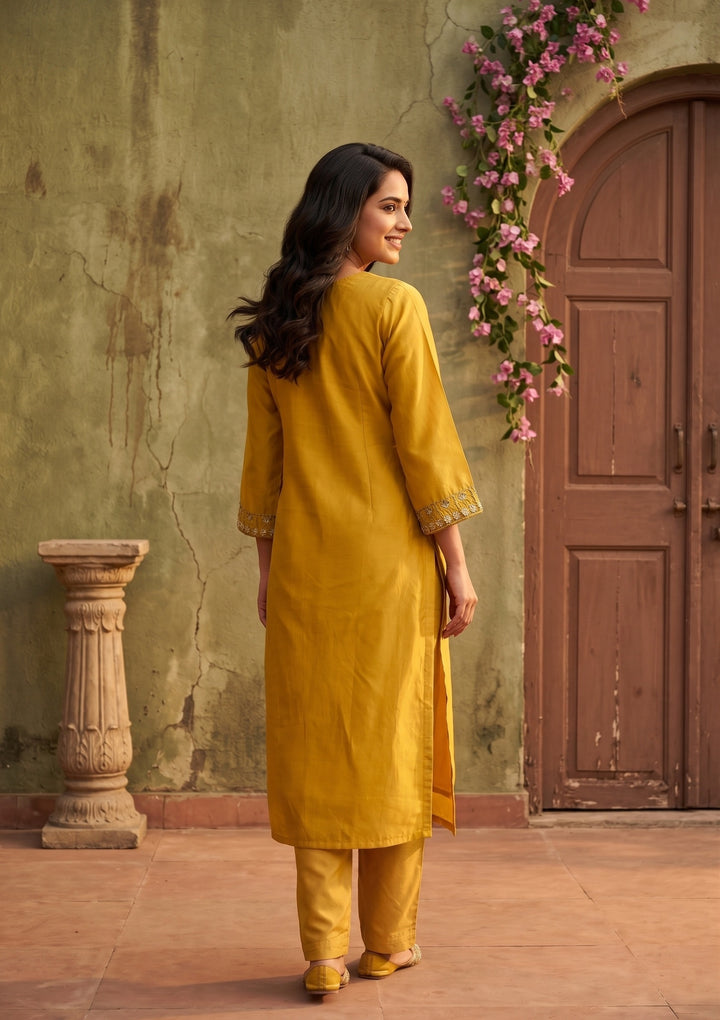 Yellow Semi Crepe Threadwork Straight Kurta With Pant Regular And Dupatta