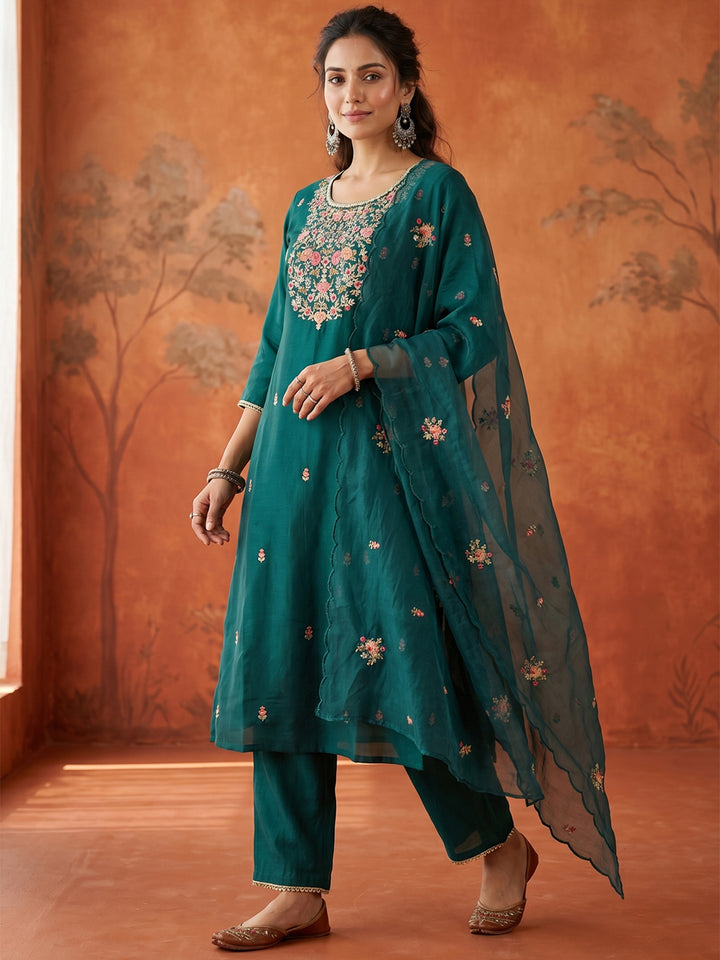 Bottle Green Silk Threadwork Straight Kurta With Regular Pant And Dupatta