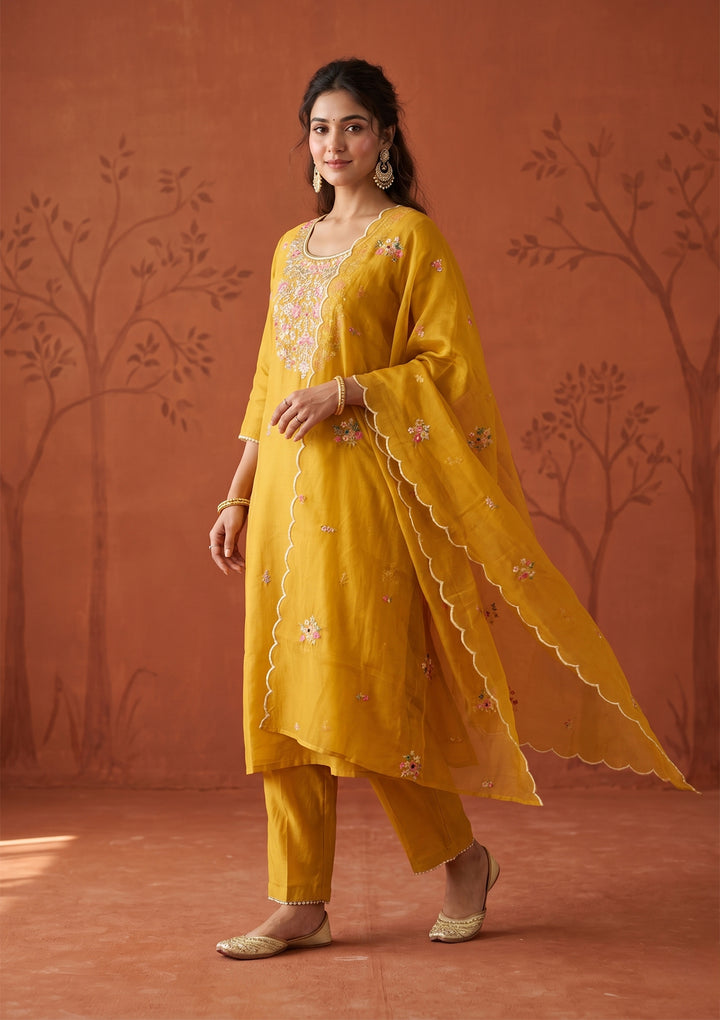 Mustard Threadwork Art Silk Readymade Salwar Suit