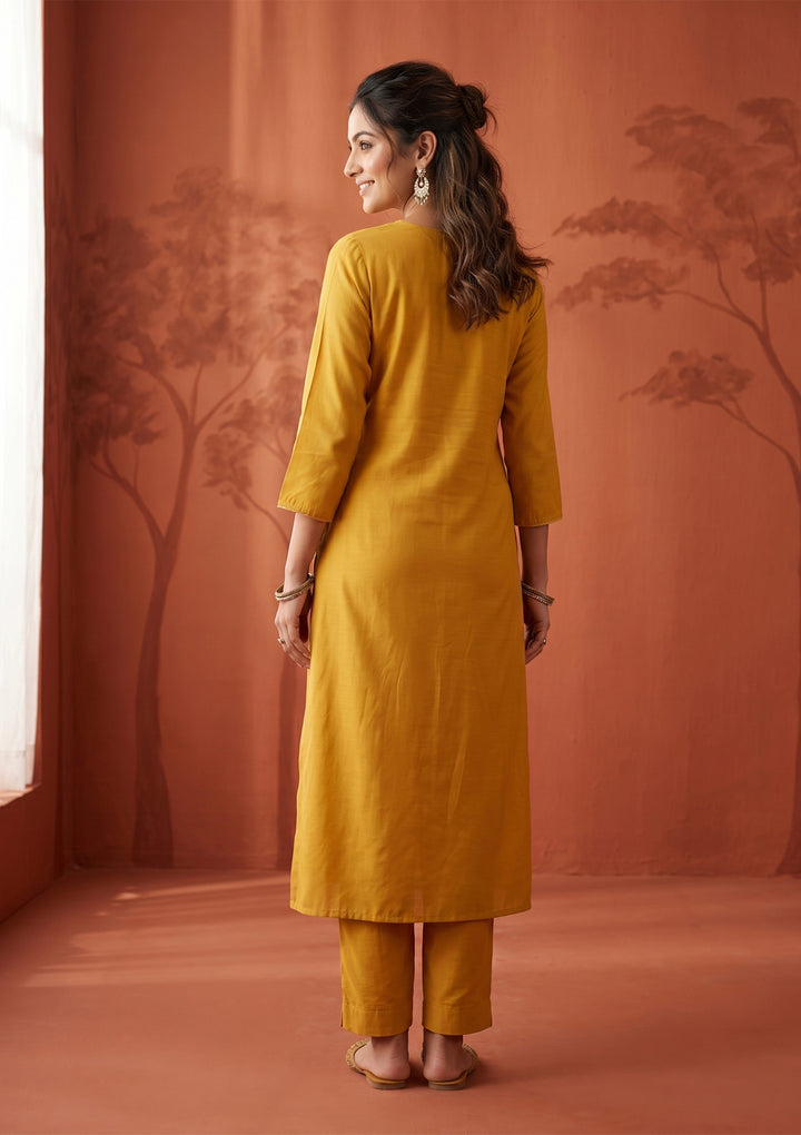Mustard Threadwork Art Silk Readymade Salwar Suit