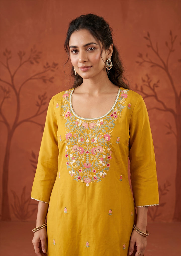 Mustard Threadwork Art Silk Readymade Salwar Suit