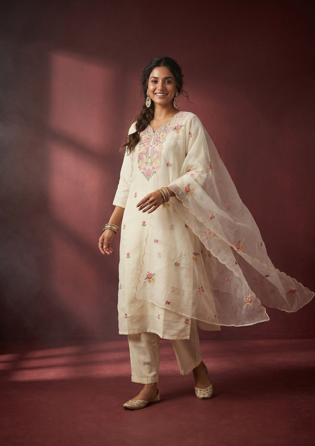 Cream Threadwork Art Silk Readymade Salwar Suit