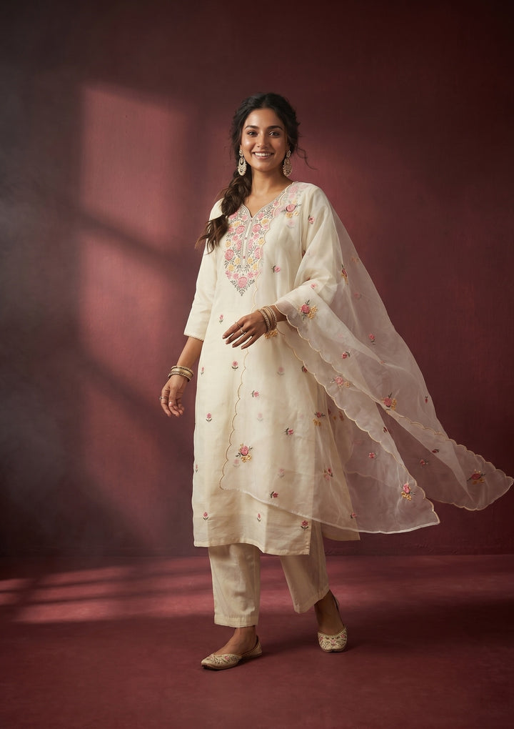 Cream Threadwork Art Silk Readymade Salwar Suit