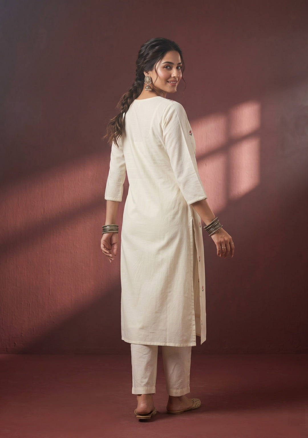 Cream Threadwork Art Silk Readymade Salwar Suit