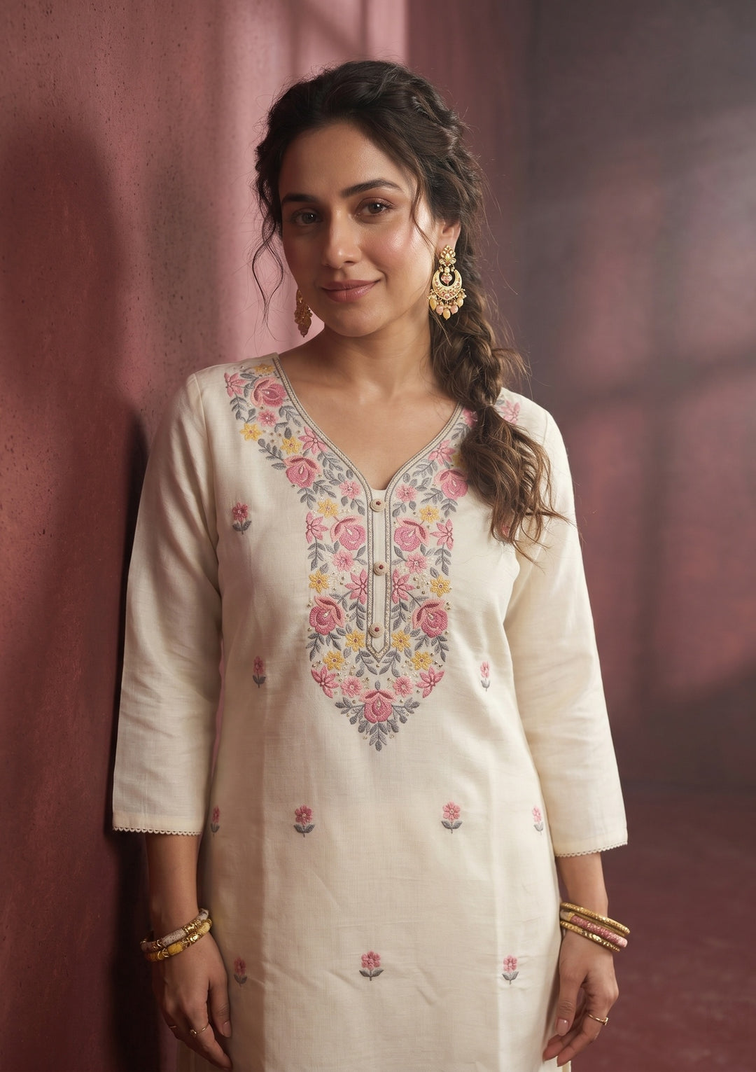 Cream Threadwork Art Silk Readymade Salwar Suit