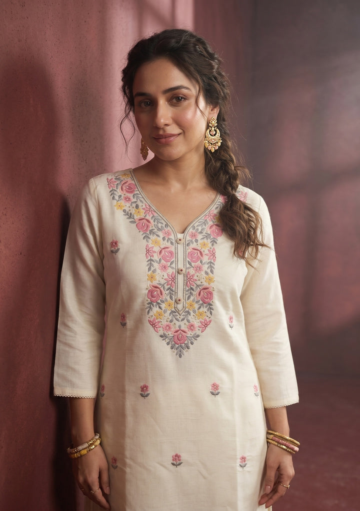 Cream Threadwork Art Silk Readymade Salwar Suit