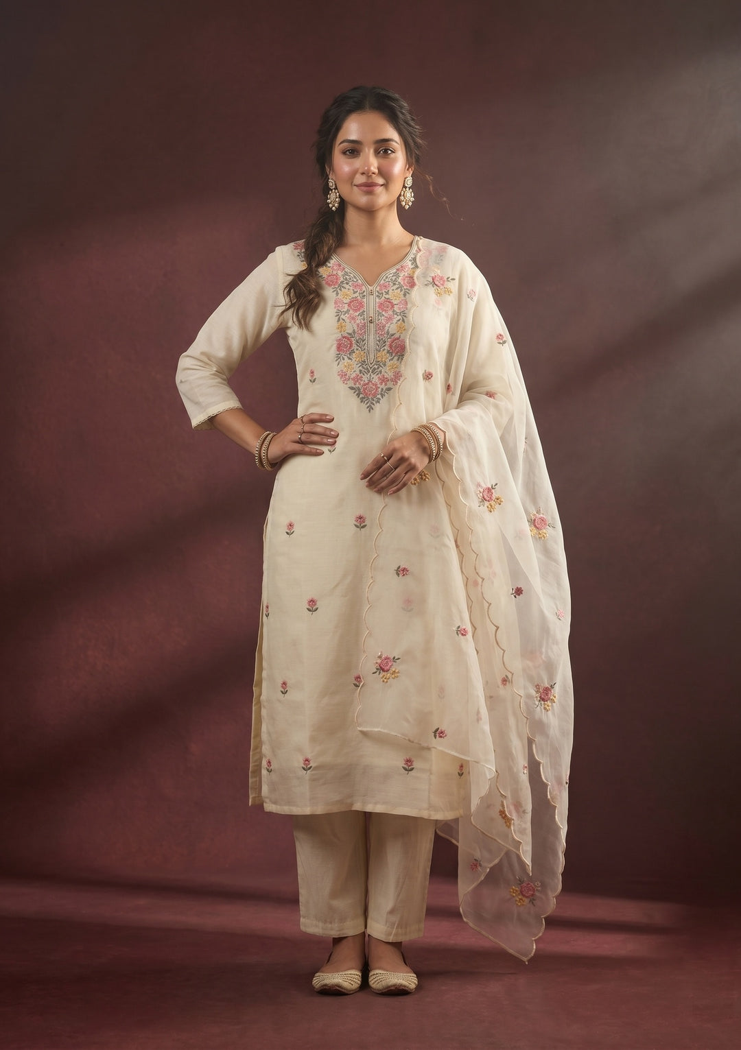 Cream Threadwork Art Silk Readymade Salwar Suit