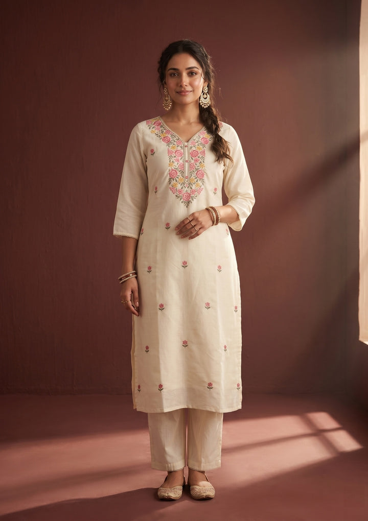 Cream Threadwork Art Silk Readymade Salwar Suit