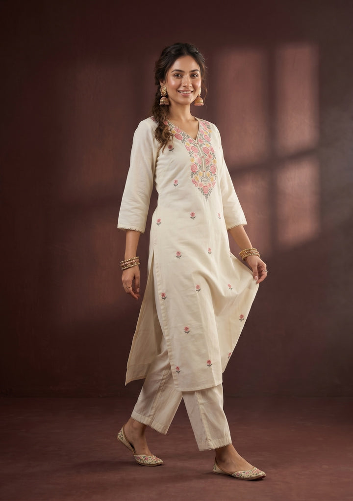 Cream Threadwork Art Silk Readymade Salwar Suit
