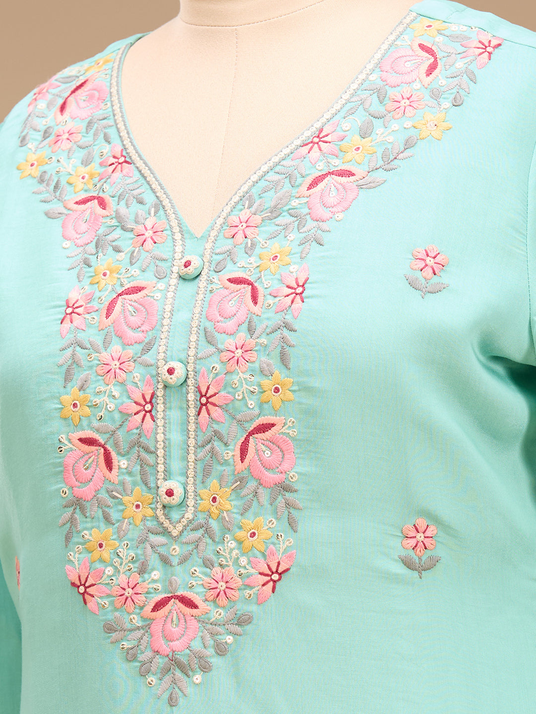 Sea Green Threadwork Art Silk Readymade Salwar Suit