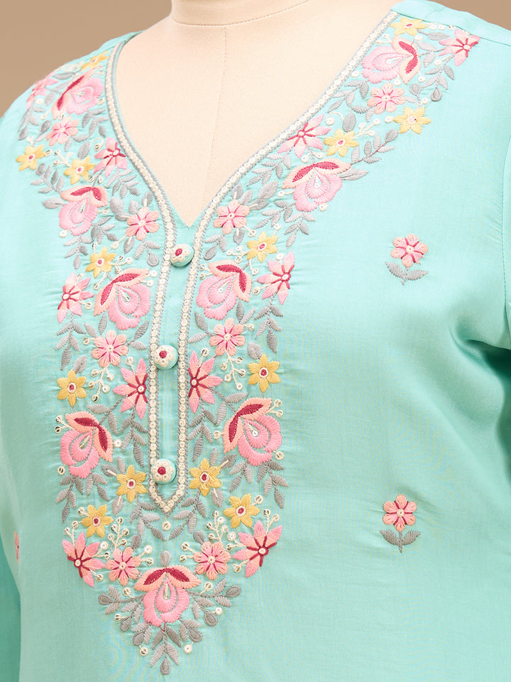 Sea Green Threadwork Art Silk Readymade Salwar Suit