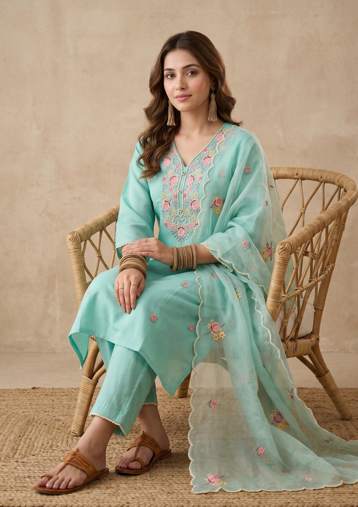Sea Green Threadwork Art Silk Readymade Salwar Suit