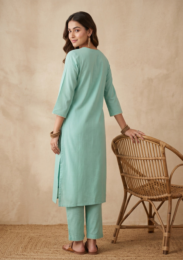 Sea Green Threadwork Art Silk Readymade Salwar Suit