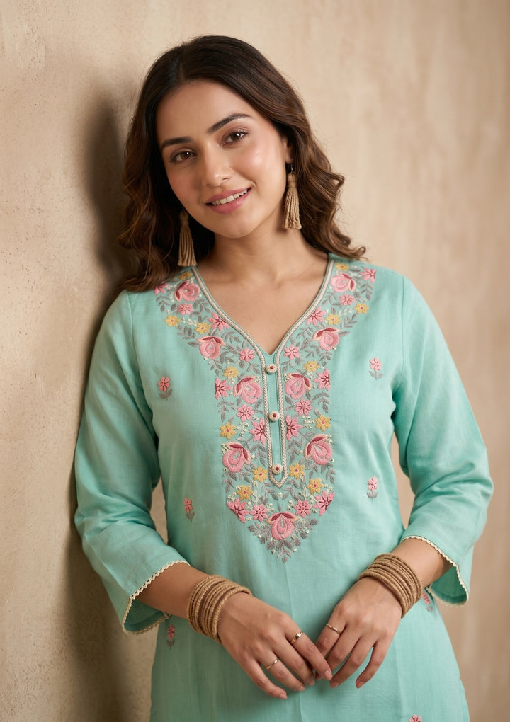 Sea Green Threadwork Art Silk Readymade Salwar Suit