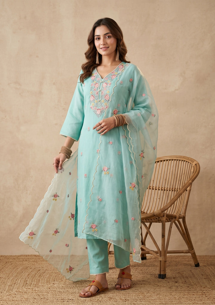 Sea Green Threadwork Art Silk Readymade Salwar Suit
