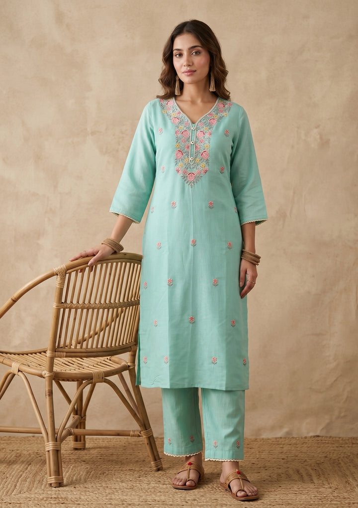 Sea Green Threadwork Art Silk Readymade Salwar Suit