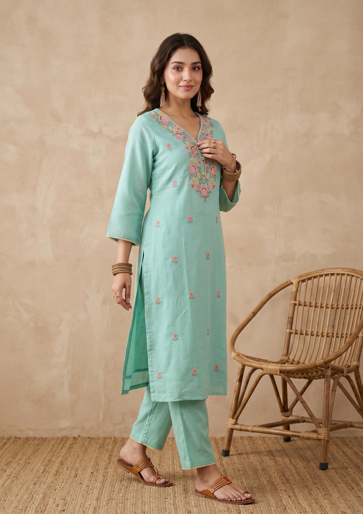 Sea Green Threadwork Art Silk Readymade Salwar Suit