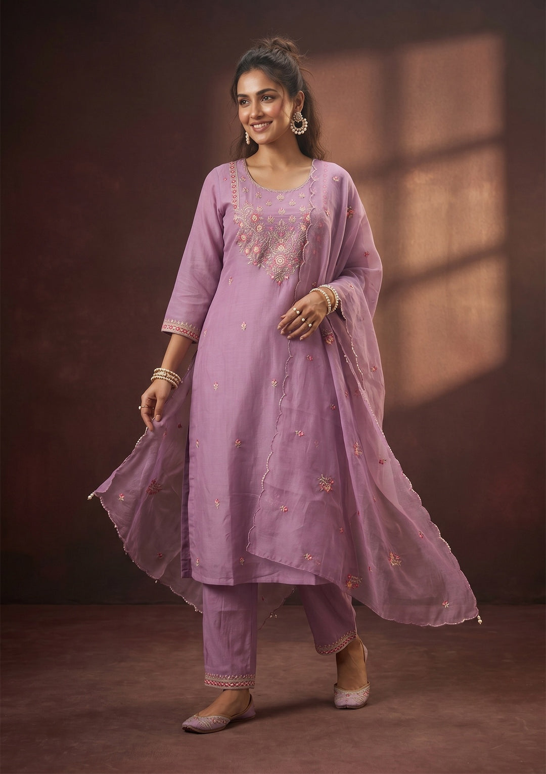 Lavender Threadwork Art Silk Readymade Salwar Suit