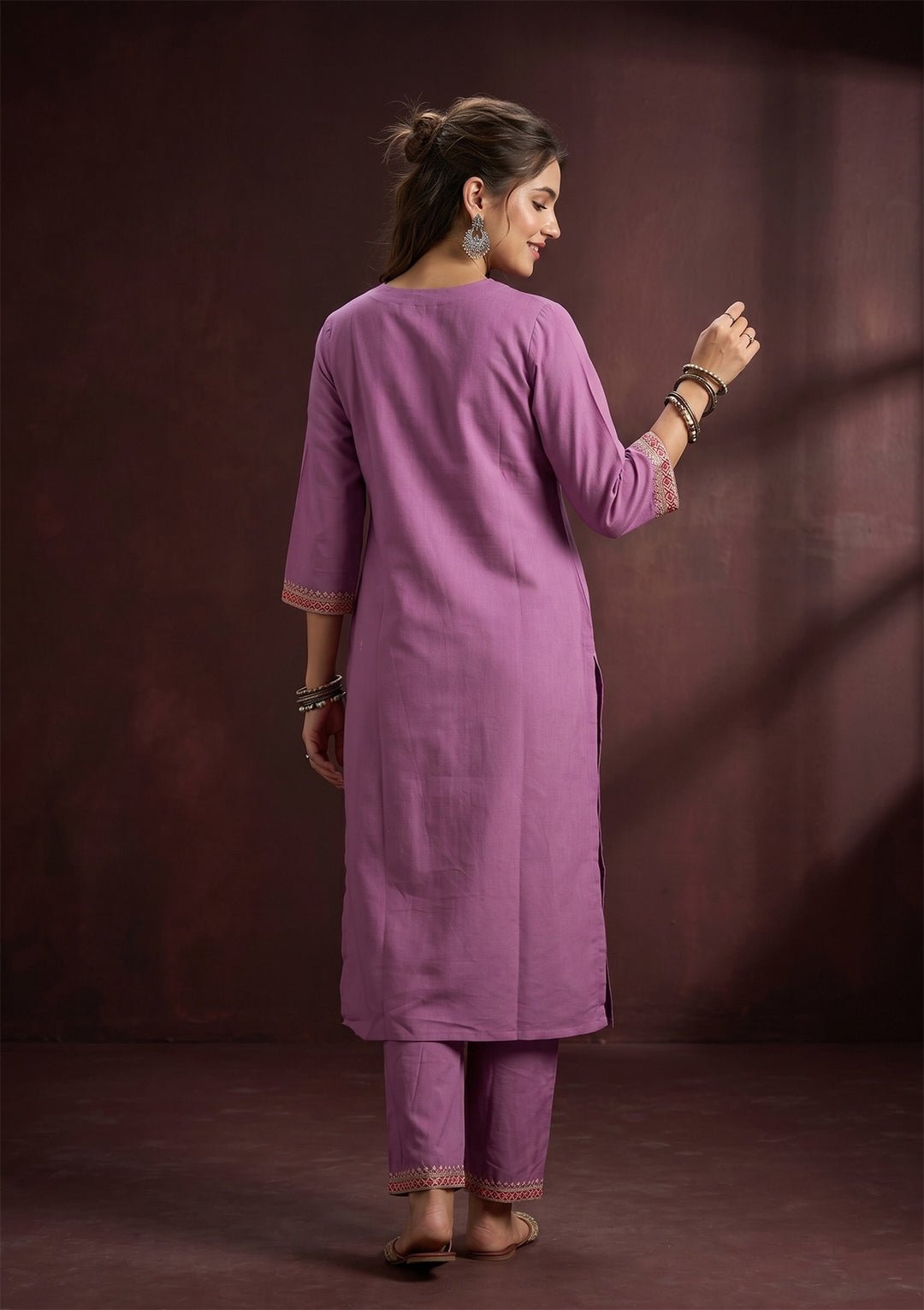 Lavender Threadwork Art Silk Readymade Salwar Suit