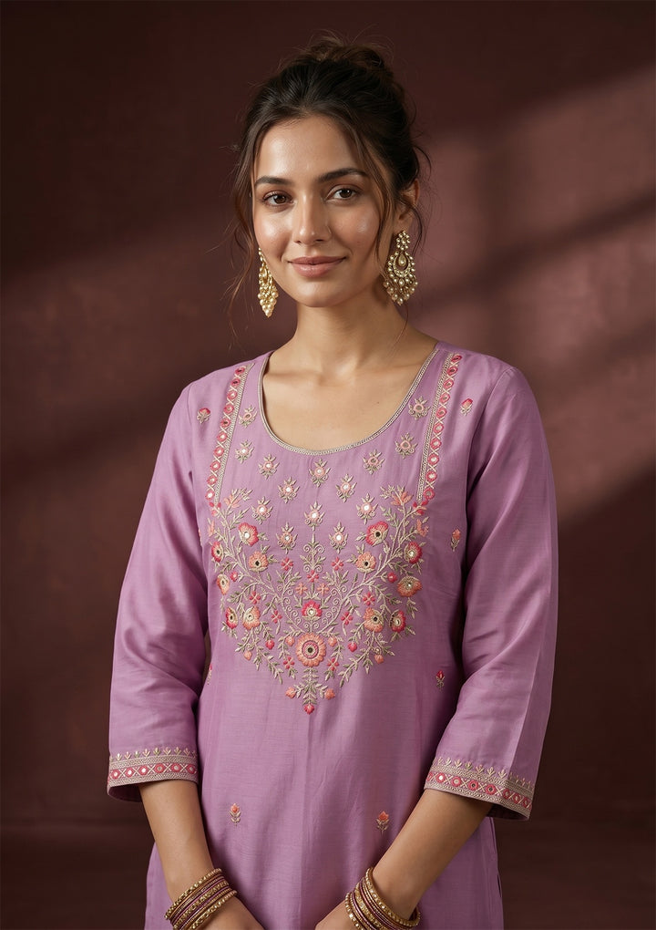 Lavender Threadwork Art Silk Readymade Salwar Suit