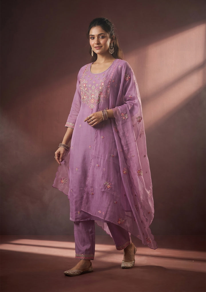 Lavender Threadwork Art Silk Readymade Salwar Suit