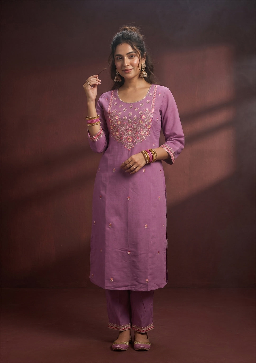 Lavender Threadwork Art Silk Readymade Salwar Suit