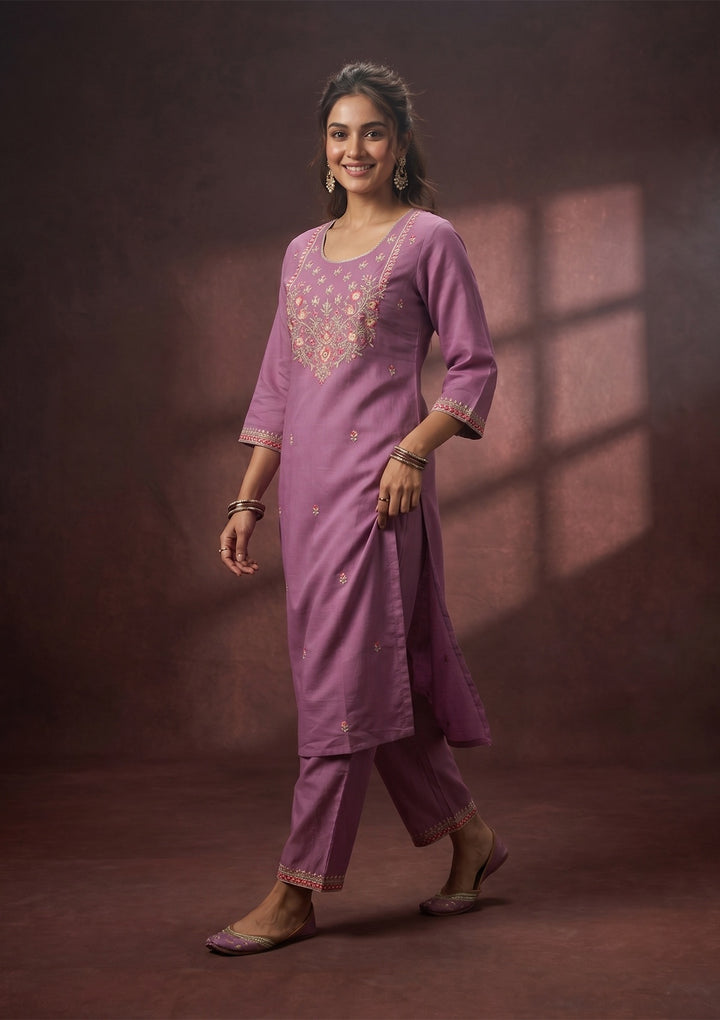 Lavender Threadwork Art Silk Readymade Salwar Suit