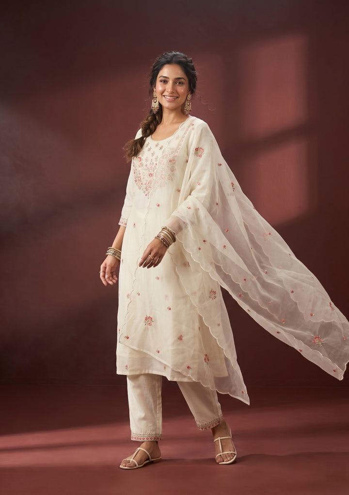 Off White Threadwork Art Silk Readymade Salwar Suit