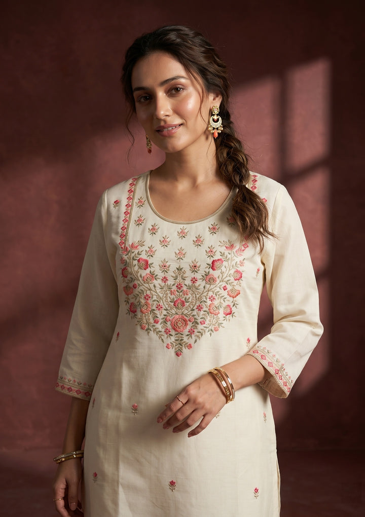 Off White Threadwork Art Silk Readymade Salwar Suit