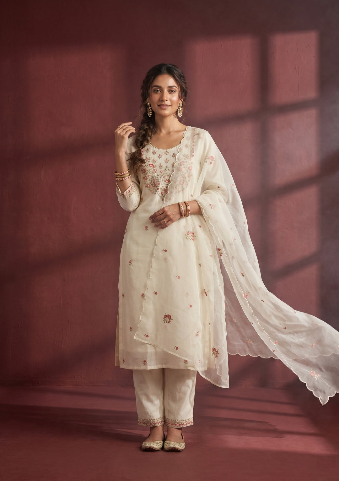 Off White Threadwork Art Silk Readymade Salwar Suit