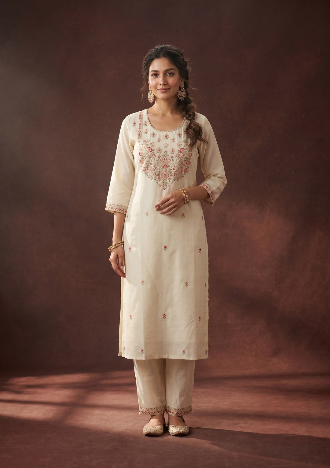 Off White Threadwork Art Silk Readymade Salwar Suit
