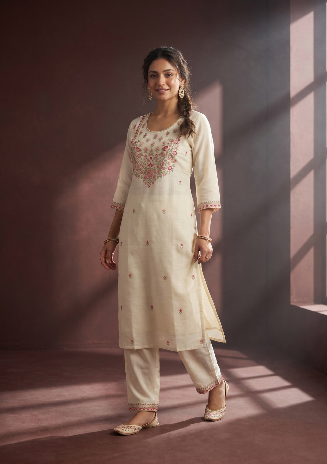 Off White Threadwork Art Silk Readymade Salwar Suit