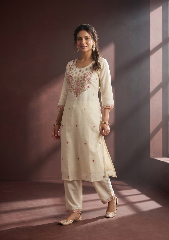 Off White Threadwork Art Silk Readymade Salwar Suit